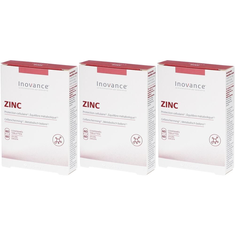 Drie pakken Inovance Zink tabletten, elk 60 tabletten.
