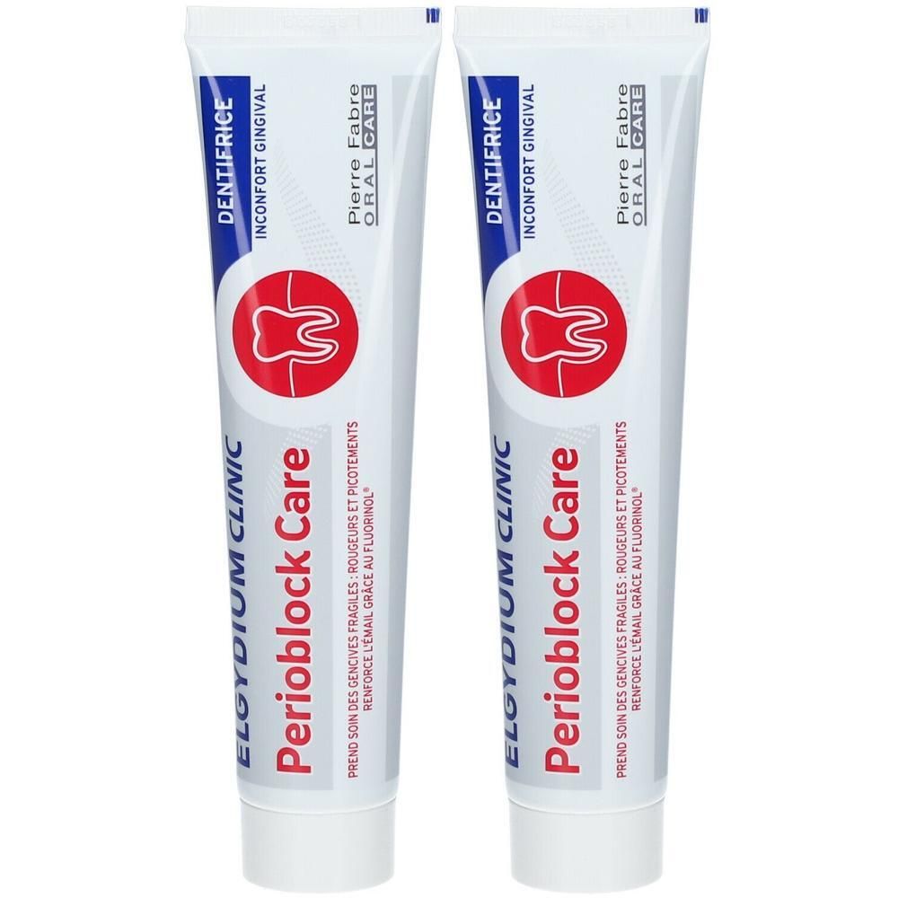 Twee tubes Elgydium Clinic Perioblock Care tandpasta voor gevoelige tanden en tandvlees.