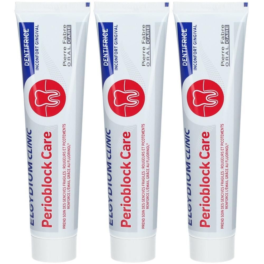 Drie tubes Elgydium Clinic Perioblock Care tandpasta met tand-icoon.