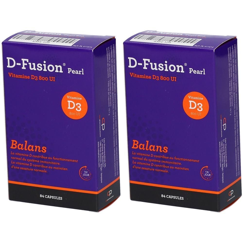 Twee dozen D-Fusion Pearl Balans Vitamine D3 800 IE, 84 capsules per doos.