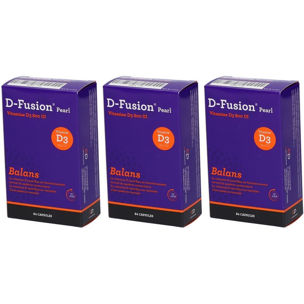 Drie doosjes D-Fusion Pearl Balans Vitamine D3 800 IE.