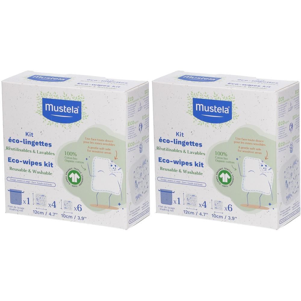Kit Mustela Éco-Lingettes : 1 filet, 4 lingettes, 6 inserts. Réutilisable & Lavable.
