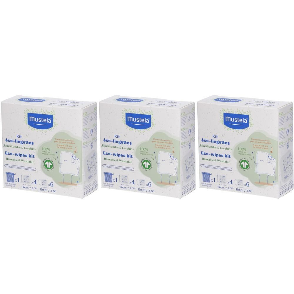 Mustela Kit Éco-Lingettes : Trois paquets de lingettes écologiques réutilisables et lavables.