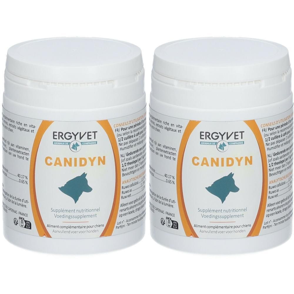 Deux boîtes d'Ergyvet Canidyn, un complément alimentaire pour chiens.