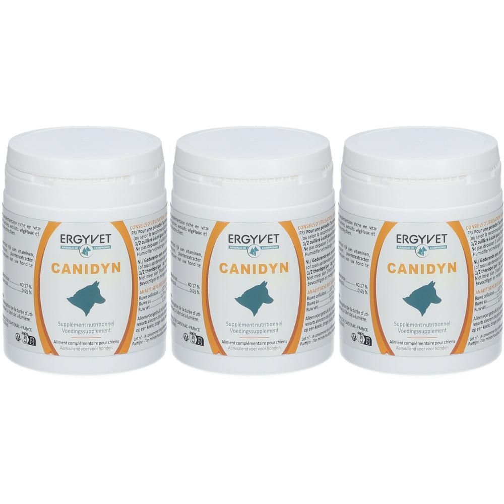 Drie witte containers Ergyvet Canidyn, een voedingssupplement voor honden.