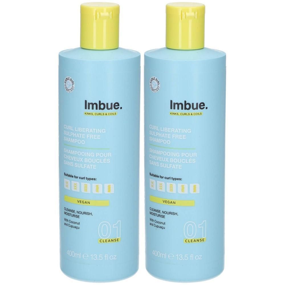 Deux bouteilles bleu clair de shampooing Imbue Curl Liberating sans sulfate avec bouchons jaunes. 400ml.