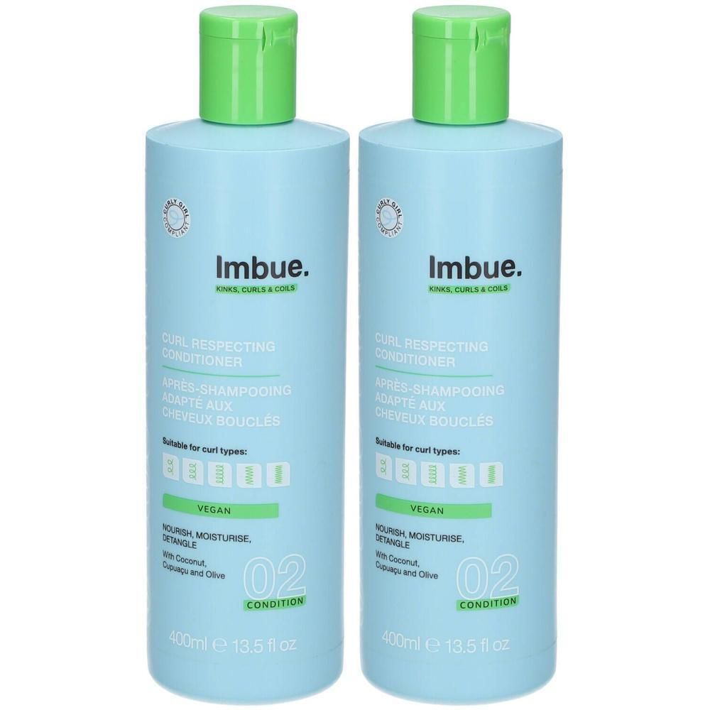 Twee lichtblauwe flessen Imbue Curl Respecting Conditioner met groene doppen. 400ml.
