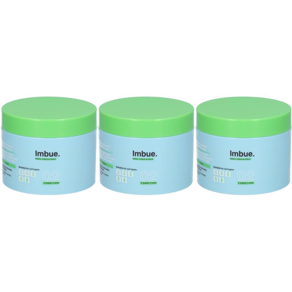 Trois pots bleus avec couvercles vert clair, chacun marqué "Imbue."