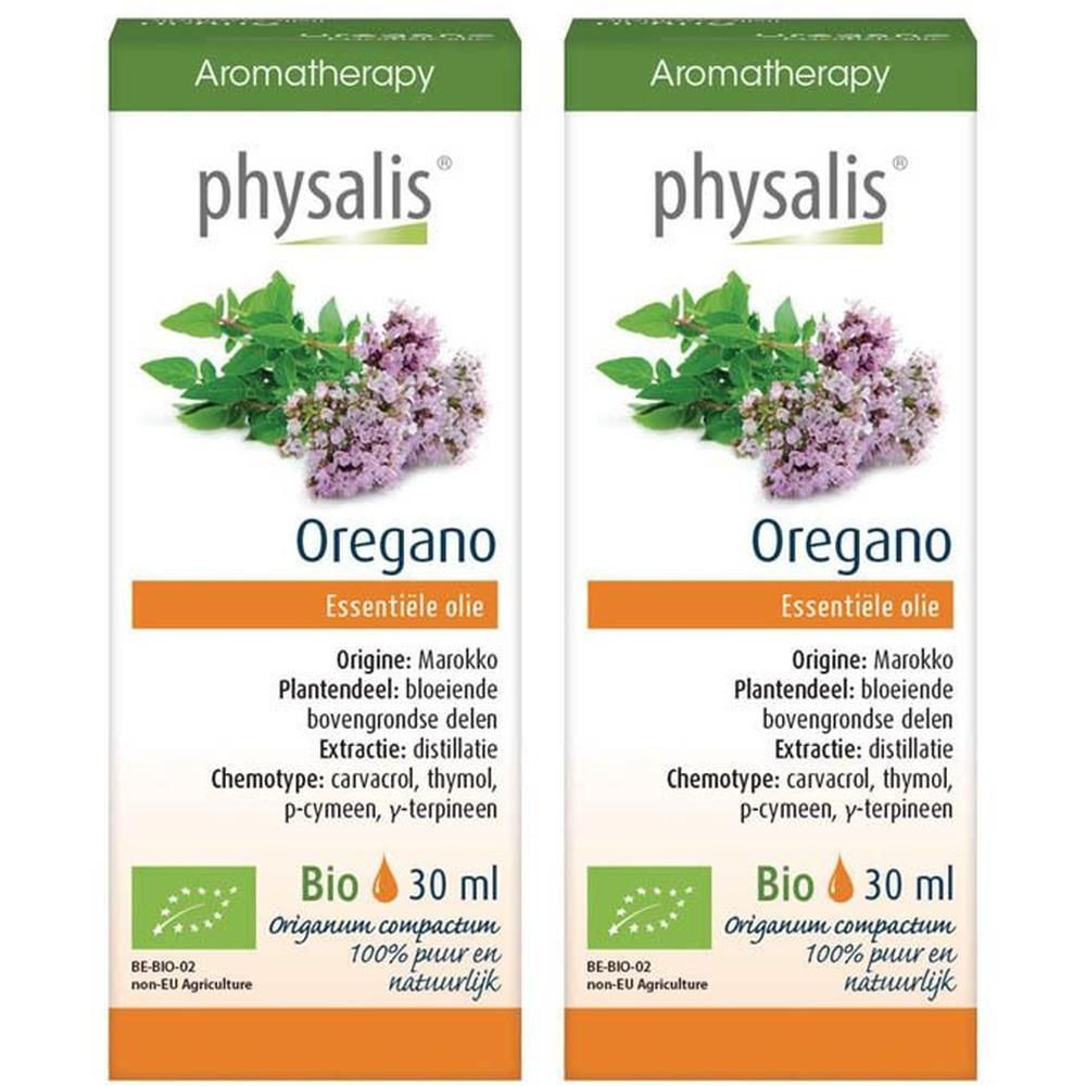 Deux flacons d'huile essentielle Bio Physalis Origan, 30 ml. Avec illustration de plante et label Bio.