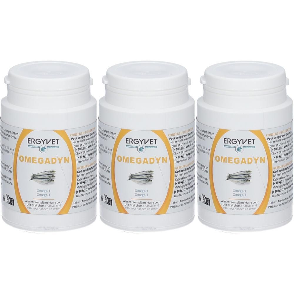 Drie witte potjes Ergyvet Omegadyn, Omega-3 voedingssupplement voor dieren.