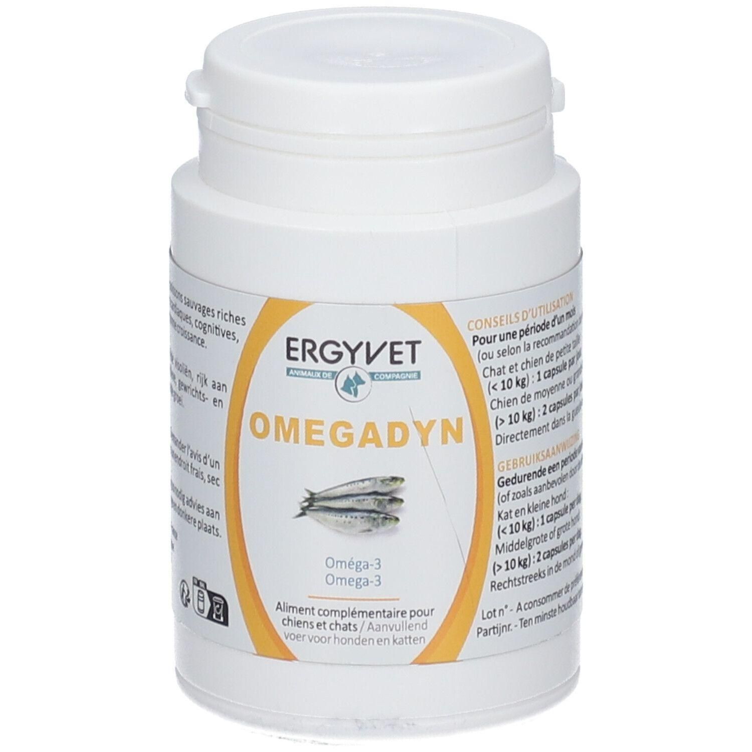 Witte pot Ergyvet Omegadyn Omega-3 aanvullend voer voor honden en katten.
