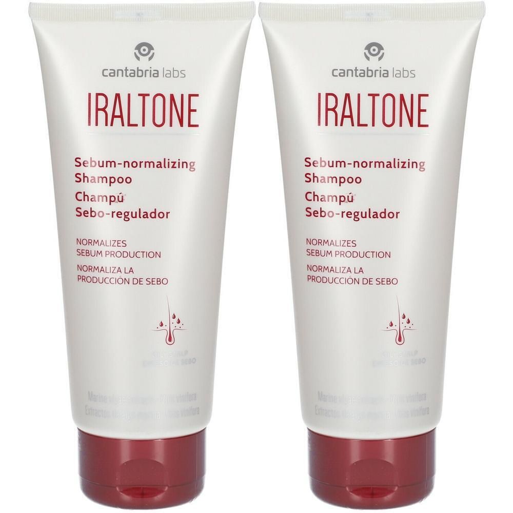 Twee tubes Iraltone Sebum-normaliserende Shampoo met rode dop.