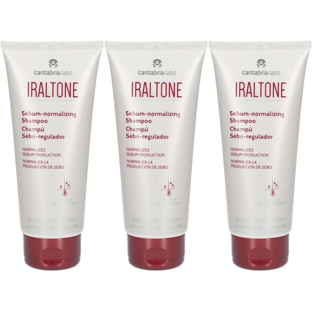 Drie tubes Iraltone Sebum-normaliserende Shampoo met rode dop.