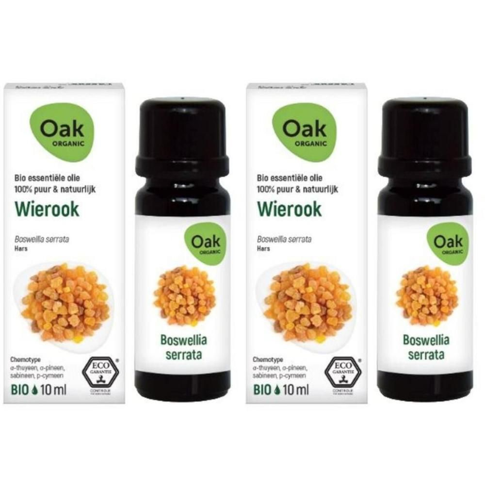 Oak Organic Wierook etherische olie, 10ml fles met harsafbeelding. ECO-certificering.