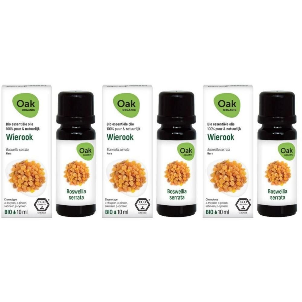 Quatre flacons d'huile essentielle bio Oak Encens (Boswellia serrata), 10ml.