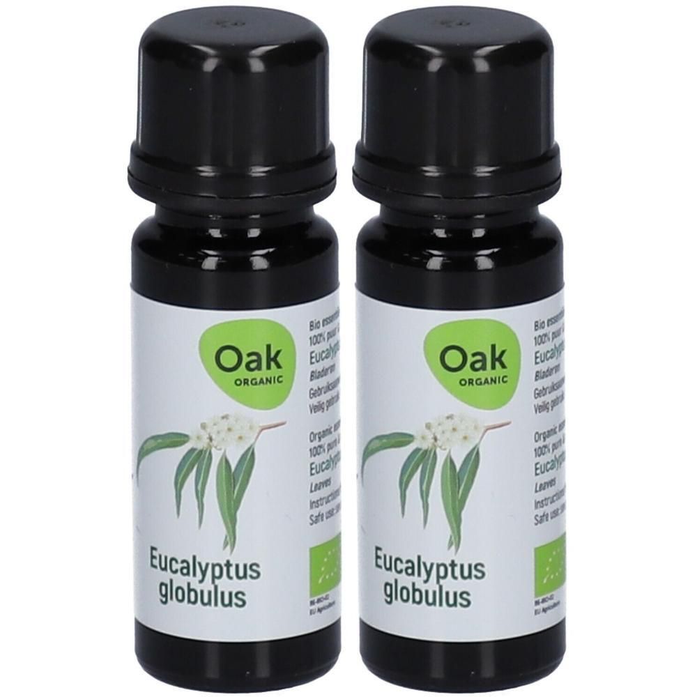 Twee flesjes Oak Organic Eucalyptus globulus etherische olie.