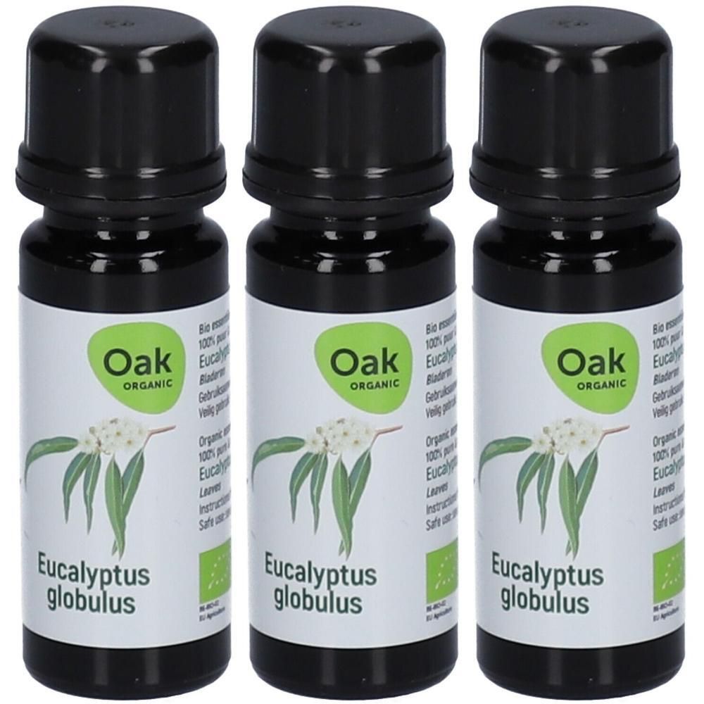 Drie flessen Oak Organic Eucalyptus globulus etherische olie.