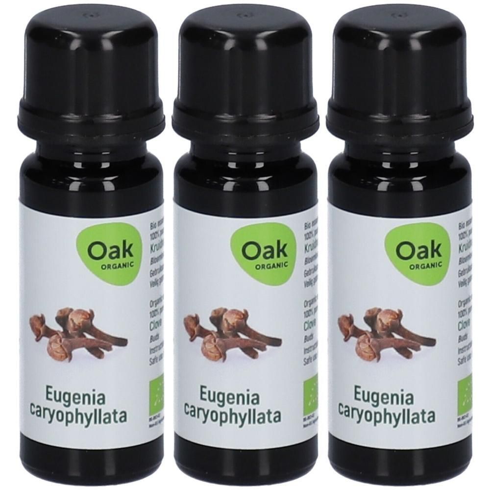 Trois flacons d'huile essentielle Oak Organic Eugenia caryophyllata avec image de clou de girofle et label bio.