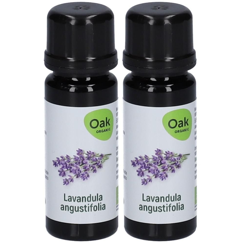 Twee flesjes Oak Lavande Vraie biologische etherische olie met lavendelafbeelding en "Lavandula angustifolia" opschrift.