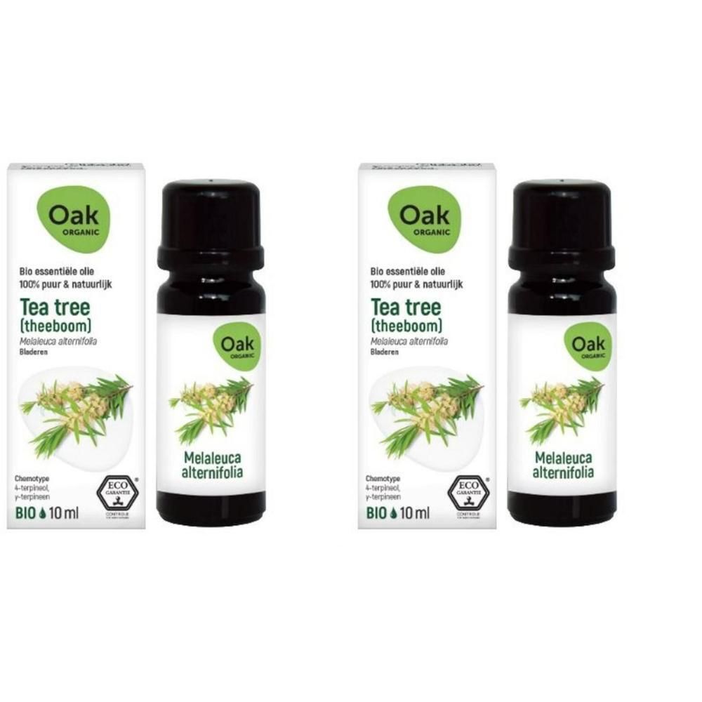 Twee flesjes Oak biologische Tea tree olie, elk 10ml. Met bio-certificering.