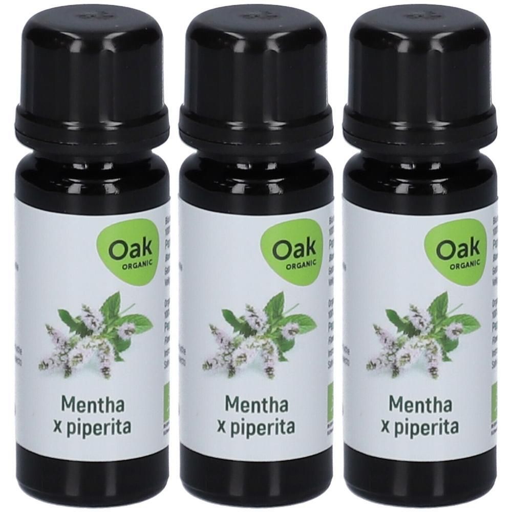 Trois flacons d'huile essentielle biologique Oak Organic Mentha x piperita.