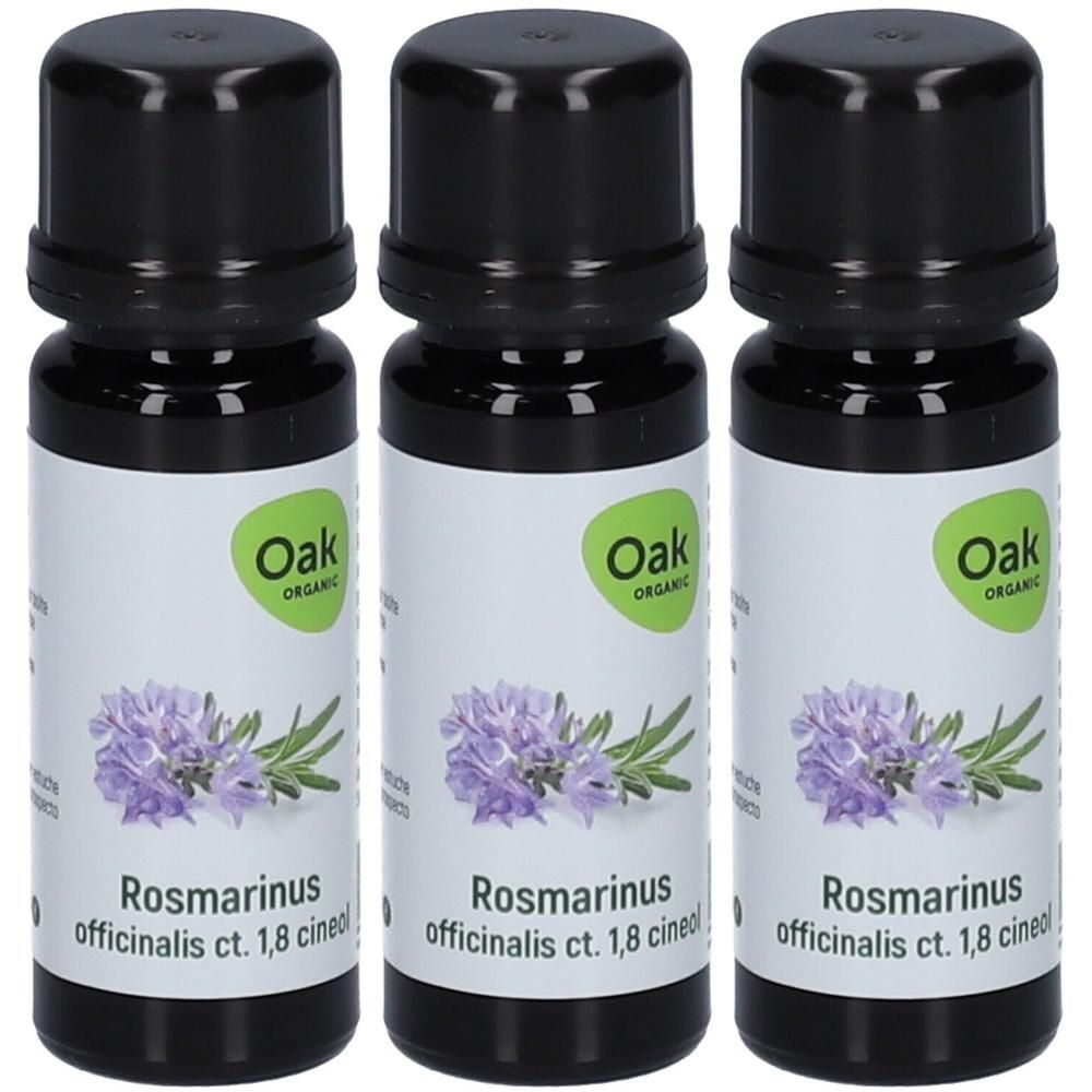 Drie flessen Oak Organic Rozemarijnolie ct. 1,8 cineol met lavendelbloemillustratie.