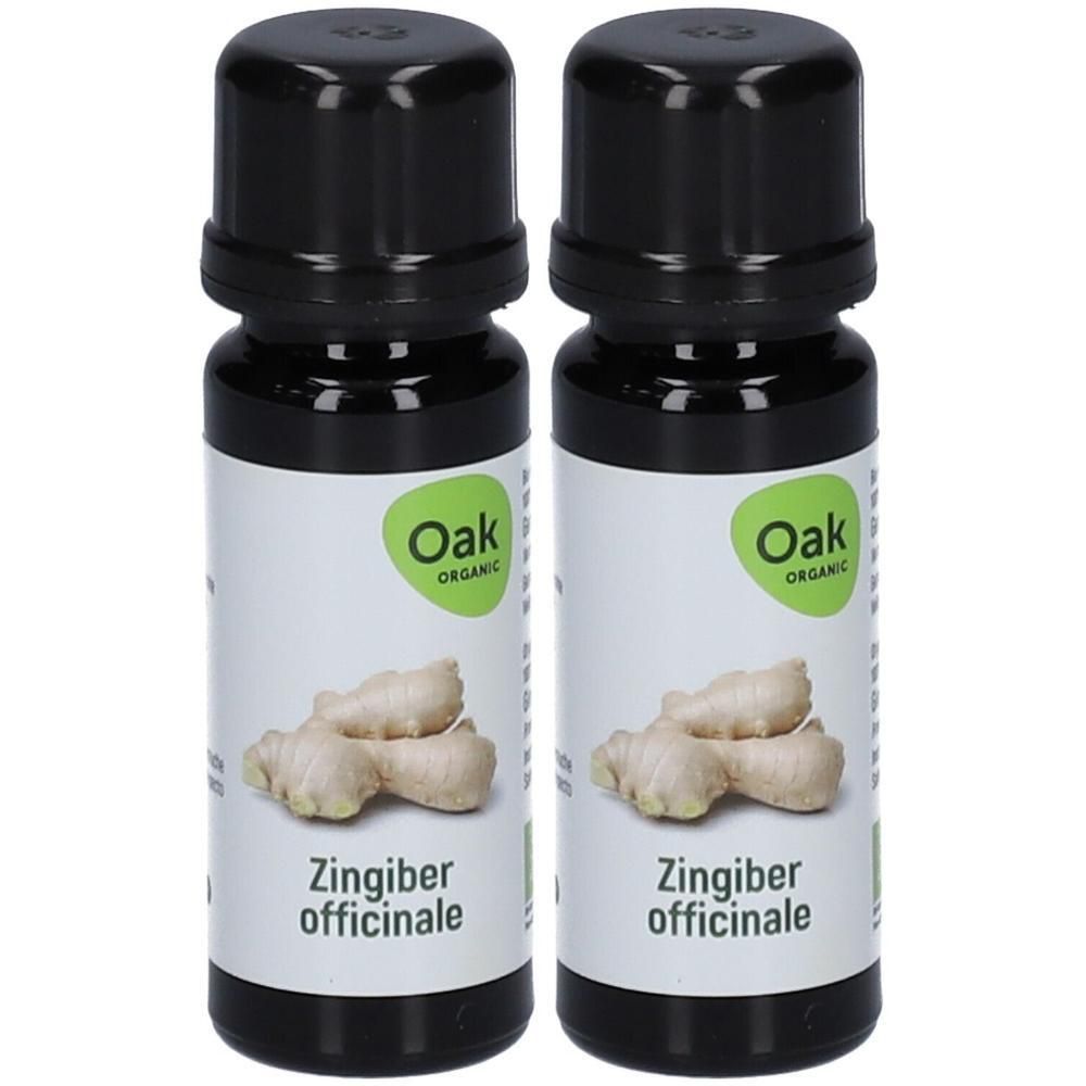 Deux flacons d'huile essentielle de gingembre Oak Organic. Image de racines de gingembre et label bio.