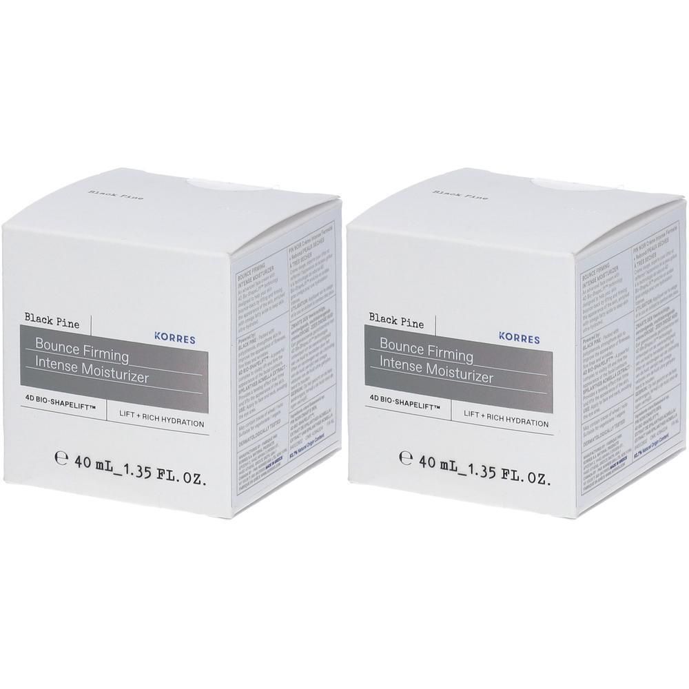 Twee verpakkingen Korres Black Pine Bounce Firming Intense Moisturizer, elk 40ml.