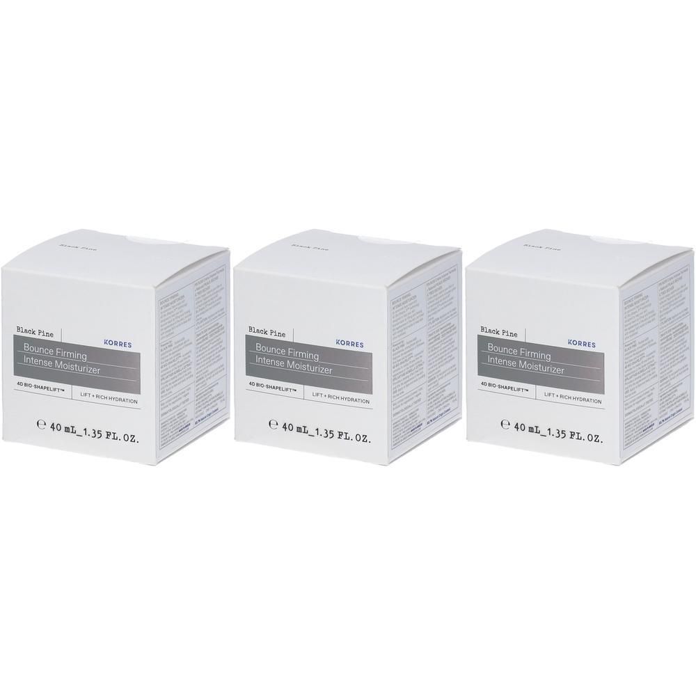 Drie witte dozen met Korres Black Pine vochtinbrengende crème, elk 40 ml.