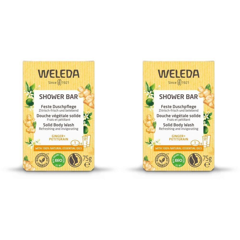 Deux barres de douche solides Weleda Gingembre et Petit Grain, 75g.