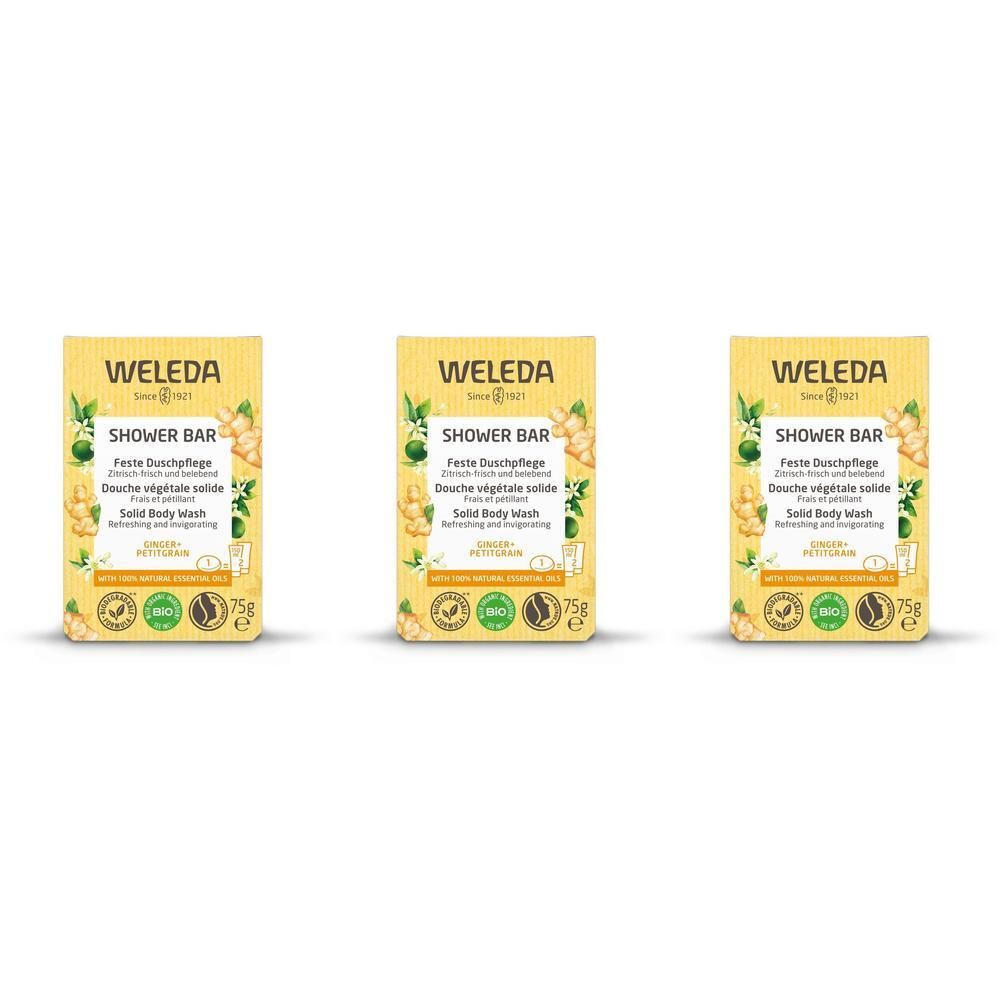 Trois barres de douche Weleda Gingembre & Petit Grain dans un emballage jaune avec illustrations du produit.