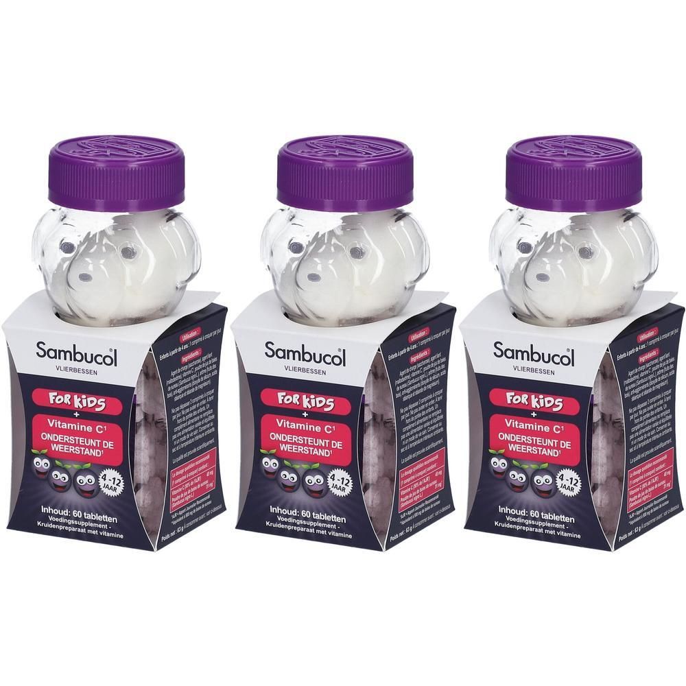 Trois flacons Sambucol Kids à bouchon violet, posés sur des boîtes. Chaque flacon contient des comprimés blancs.