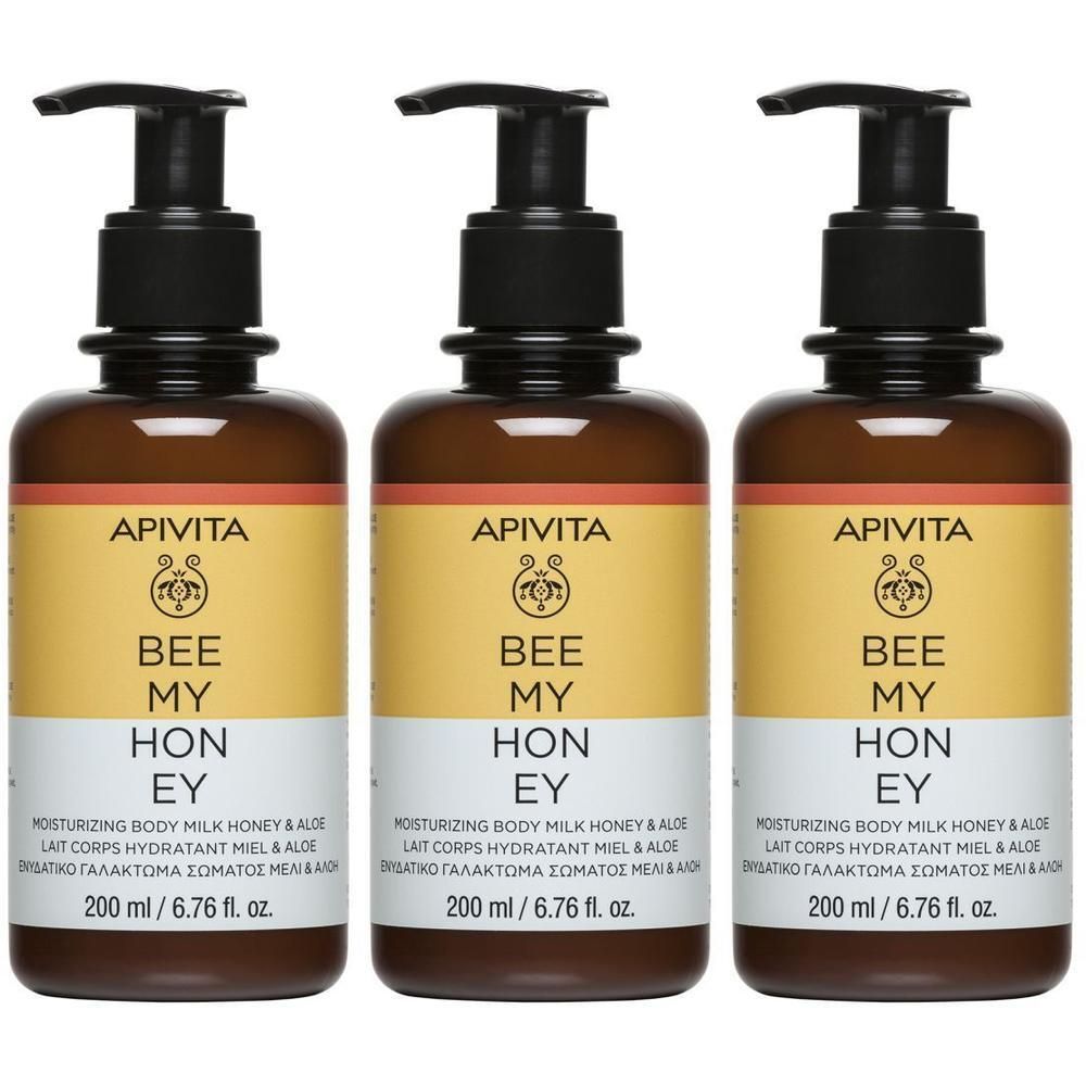 Drie flessen Apivita Bee My Honey Hydraterende Body Milk Honing & Aloë.