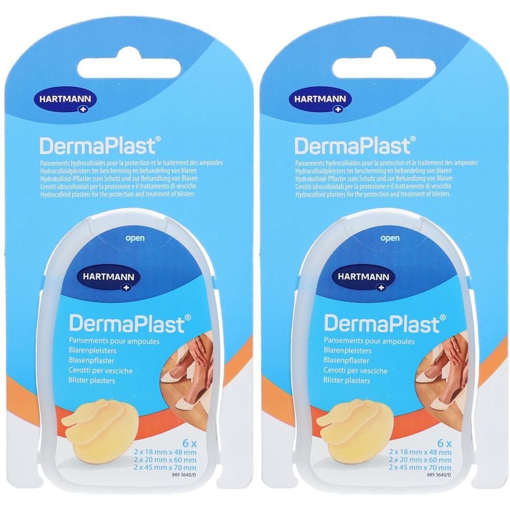 Twee pakken Hartmann DermaPlast Blarenpleisters. Elk pak bevat 6 pleisters in drie maten.