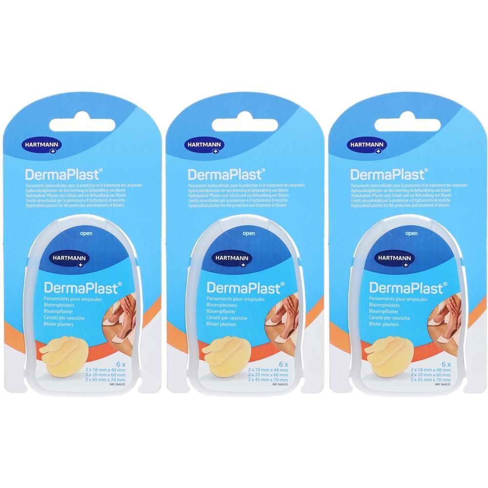 Hartmann DermaPlast Pansements Ampoules, lot de 3. Contient 6 pansements : 2x 70x20 mm, 2x 70x30 mm, 2x 70x45 mm.