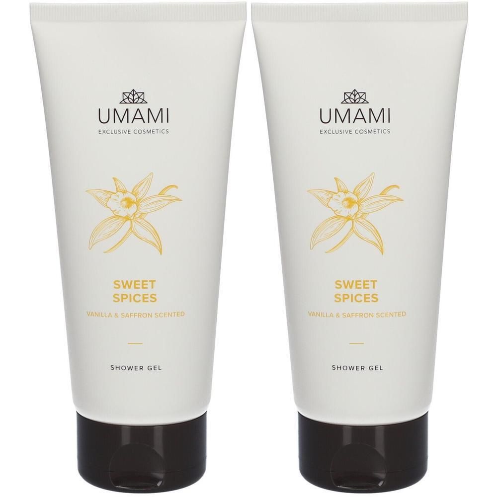Deux tubes blancs de gel douche parfum vanille et safran. Umami Sweet Spices.