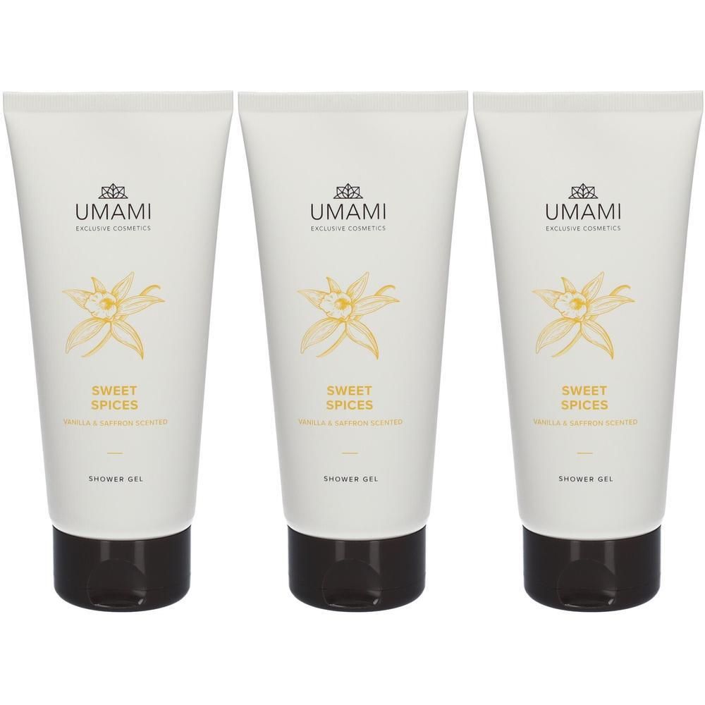 Trois tubes de gel douche UMAMI Vanille & Safran.