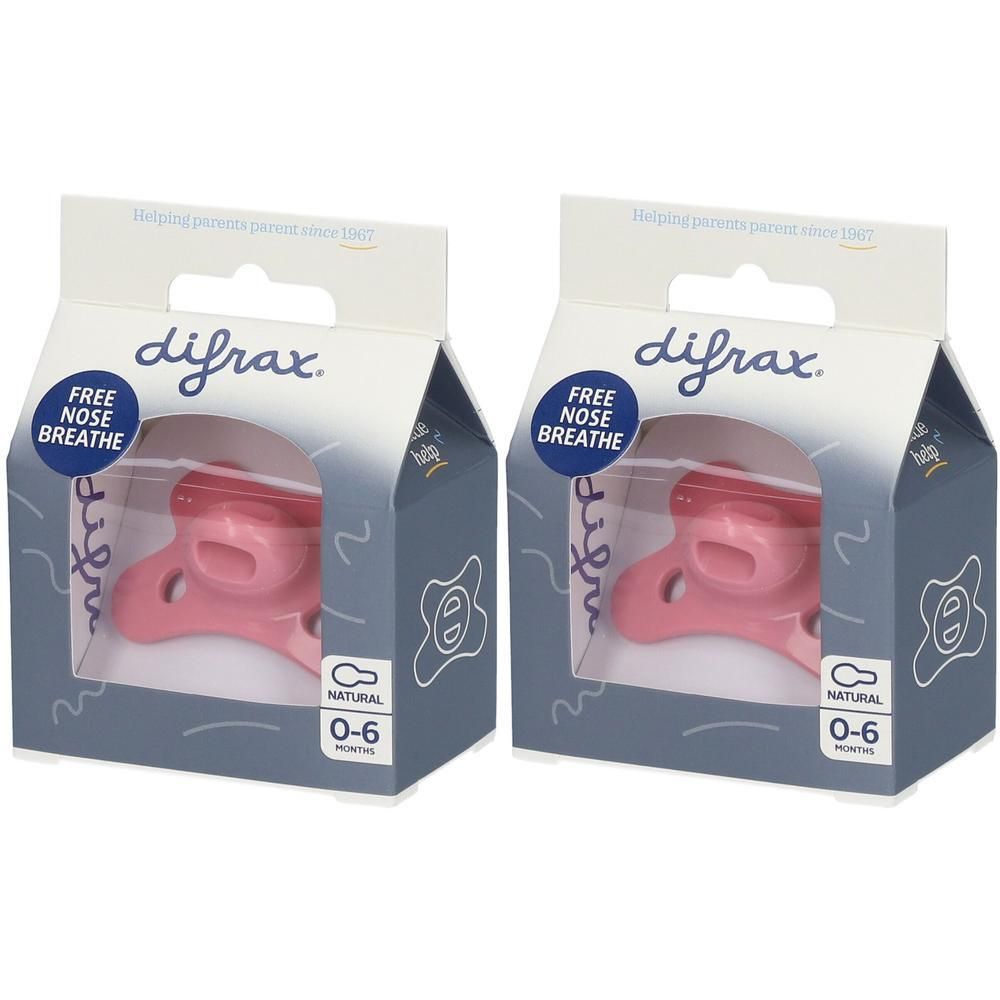Deux sucettes Difrax roses, 0-6 mois, en emballage carton.