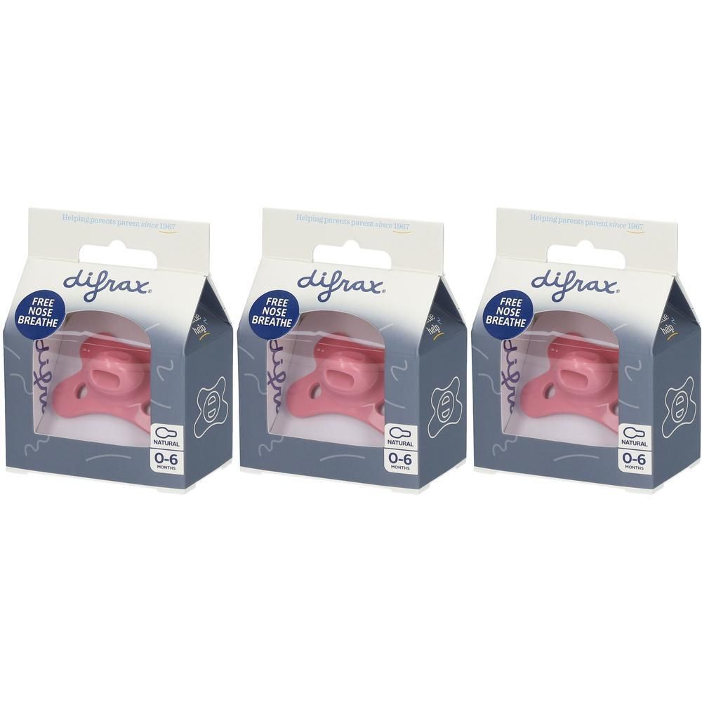 Drie Difrax fopspenen in roze, 0-6 maanden, met "Free Nose Breathe" opschrift.