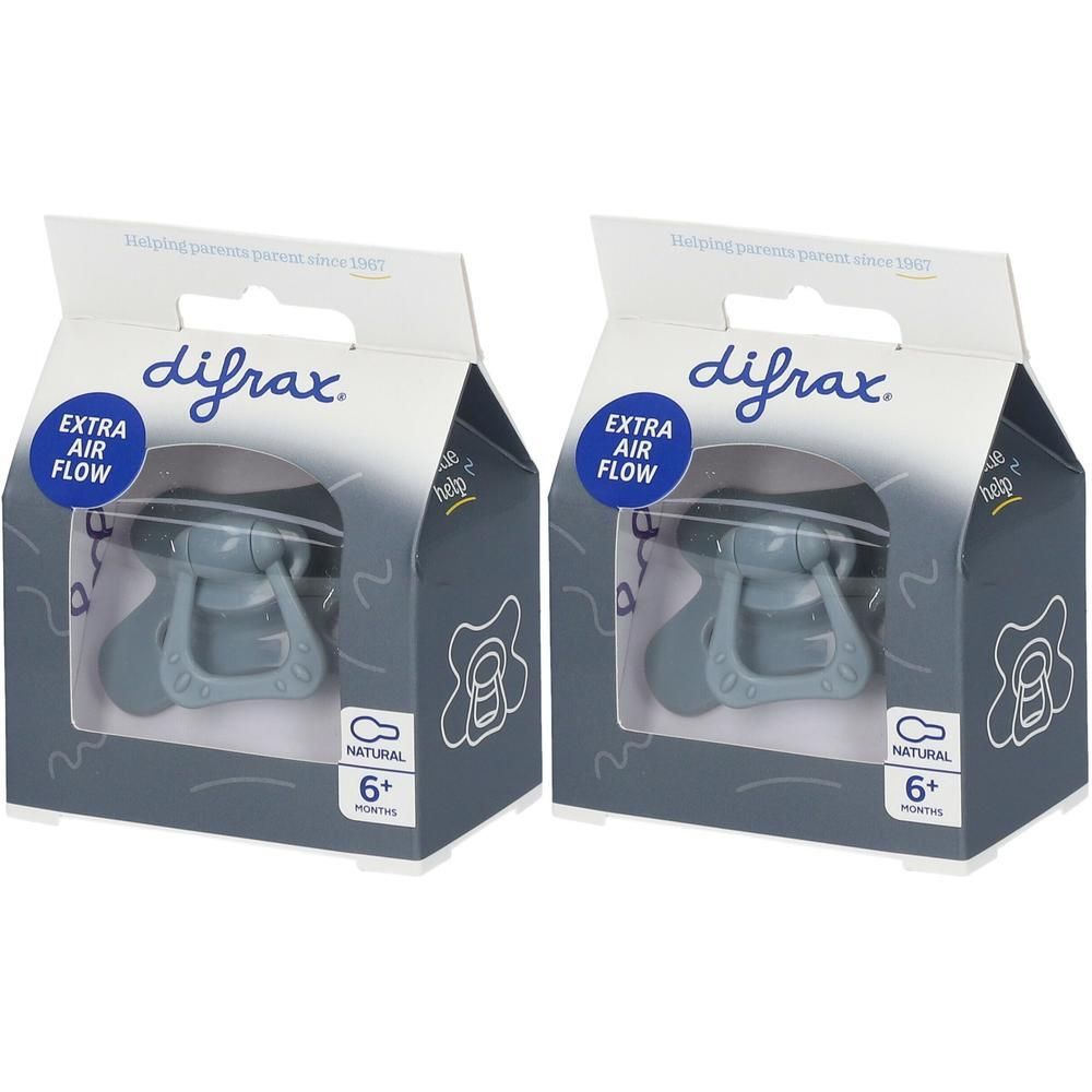 Deux sucettes Difrax "Natural Stone" 6+ mois dans leur emballage gris avec inscription "Extra Air Flow".