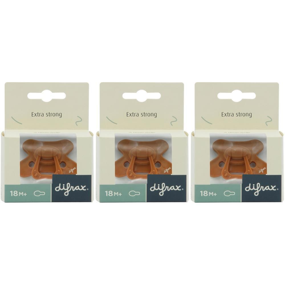 Trois sucettes Difrax marron, chacune dans son emballage 'Extra strong' et '18M+'.
