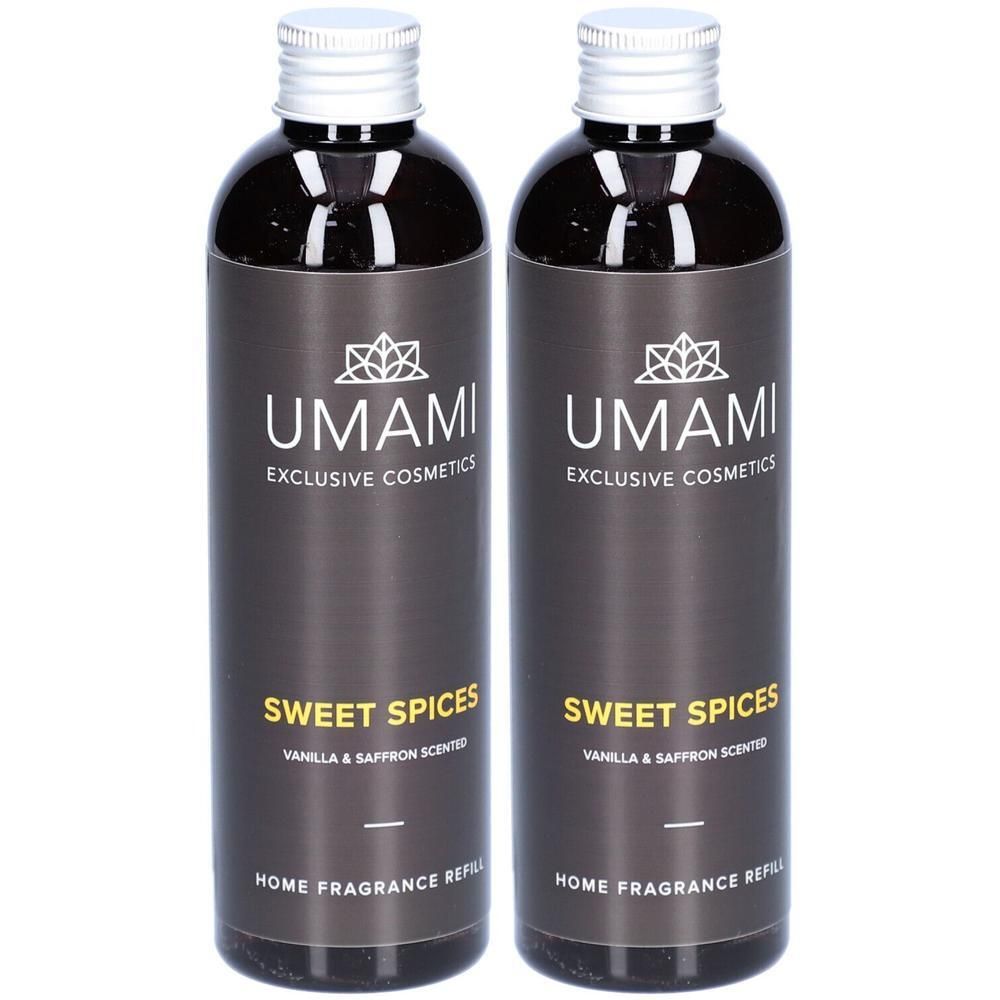Deux flacons UMAMI Sweet Spices Recharge Parfum d'Ambiance, senteur Vanille & Safran.