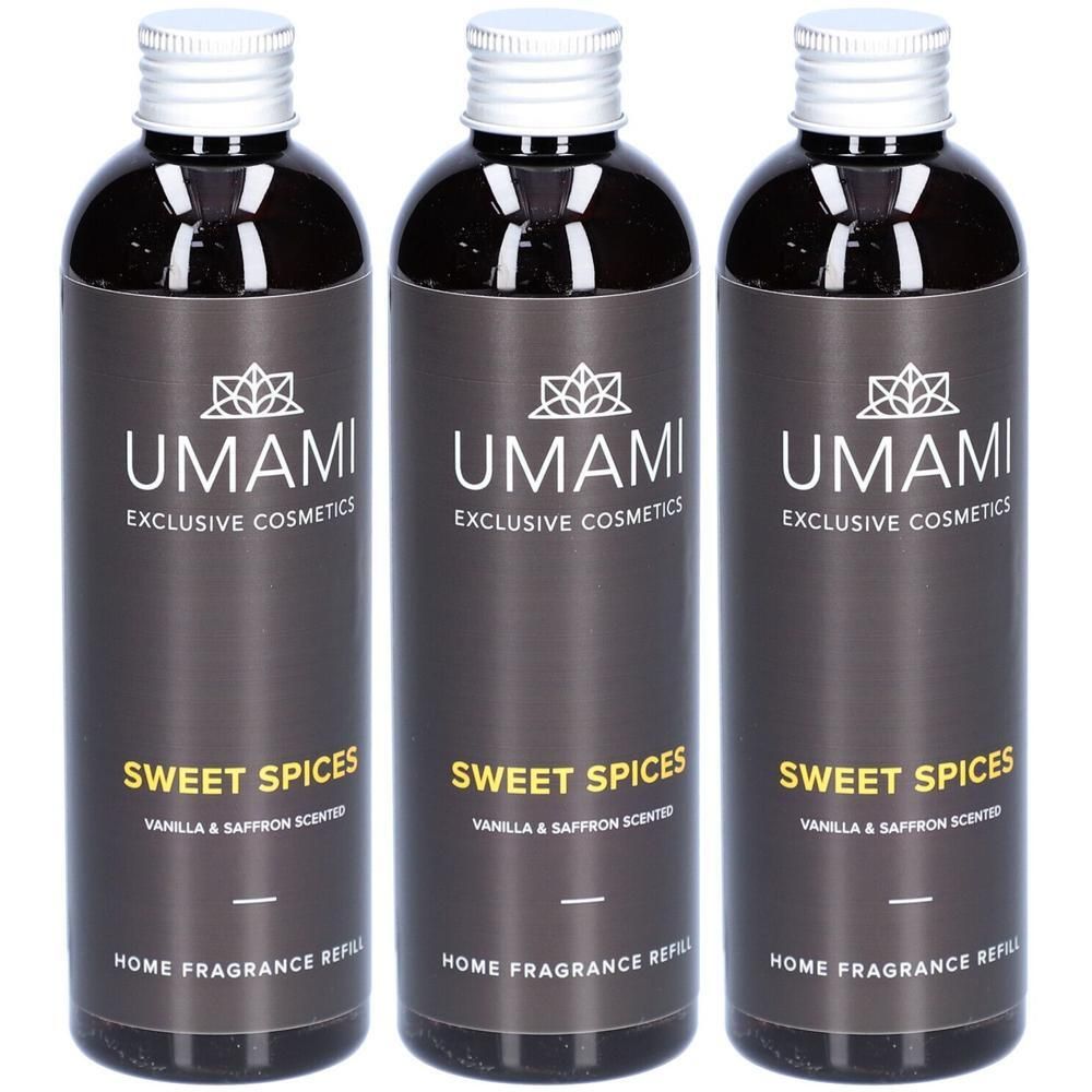 Trois flacons UMAMI Sweet Spices Recharge Parfum d'Ambiance, senteur Vanille & Safran.
