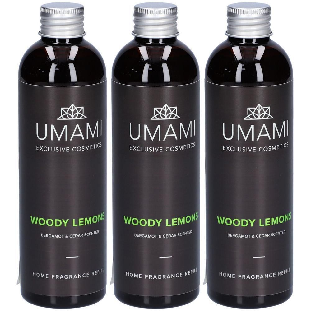 Trois flacons UMAMI Woody Lemons Recharge Parfum d'Ambiance, senteur Bergamote & Cèdre.