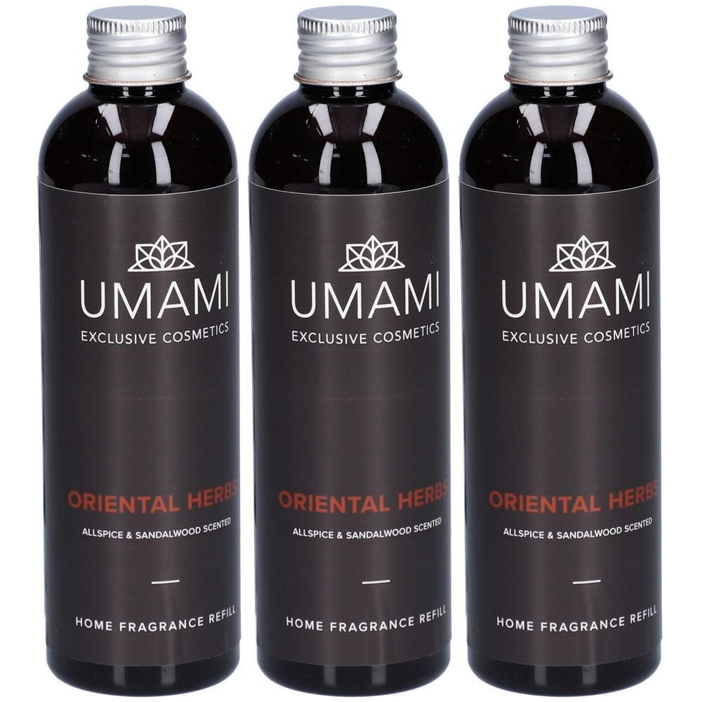Trois flacons Umami Oriental Herbs Home Fragrance Refill, parfum Allspice & Sandalwood.