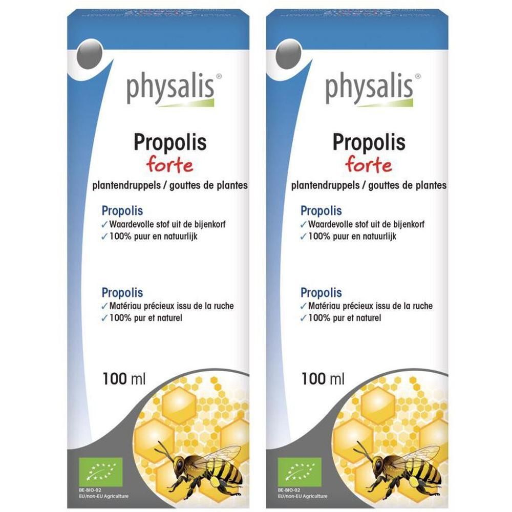 Twee flesjes Physalis Propolis Forte, elk 100 ml. Met bijen- en honingraatmotief.