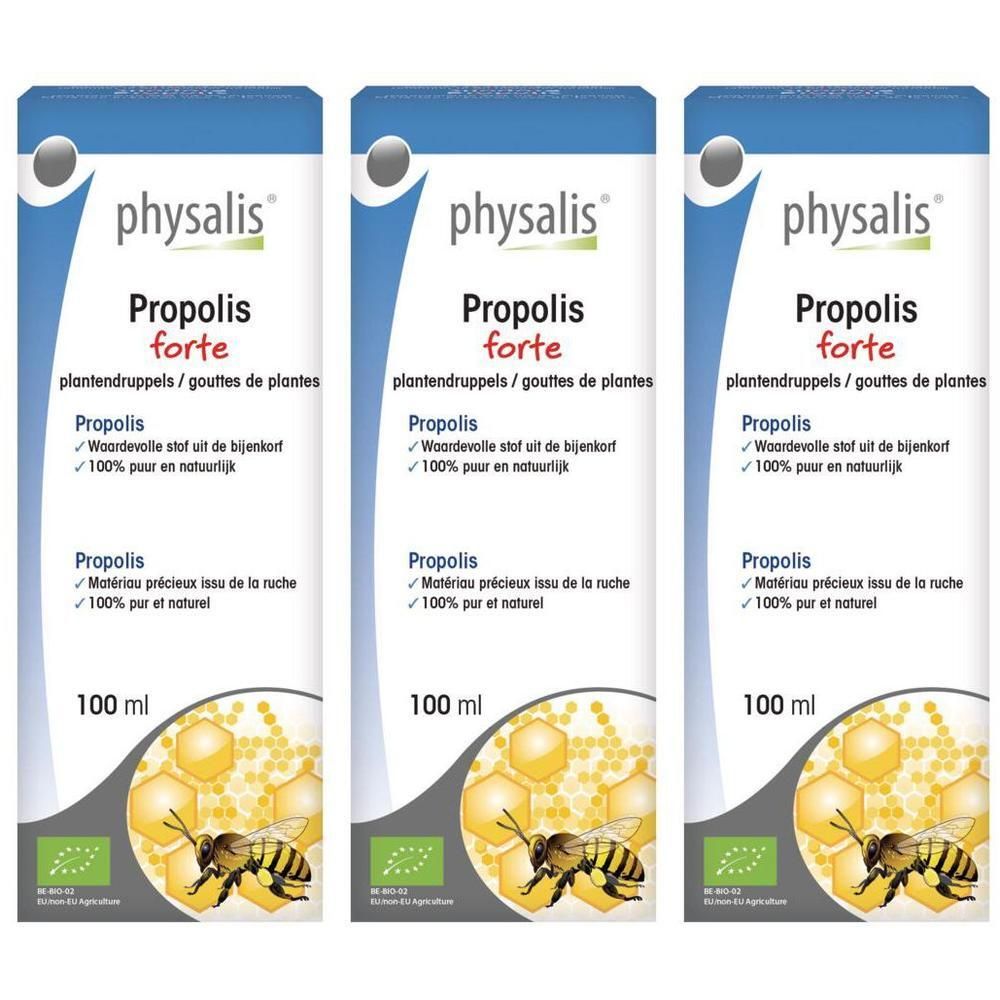 Drie verpakkingen Physalis Propolis Forte druppels. Met bijenafbeelding en honingraatpatroon.