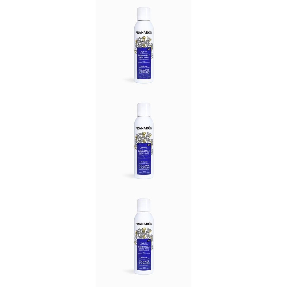 Trois flacons spray blancs avec étiquette bleue et motifs de fleurs jaunes.