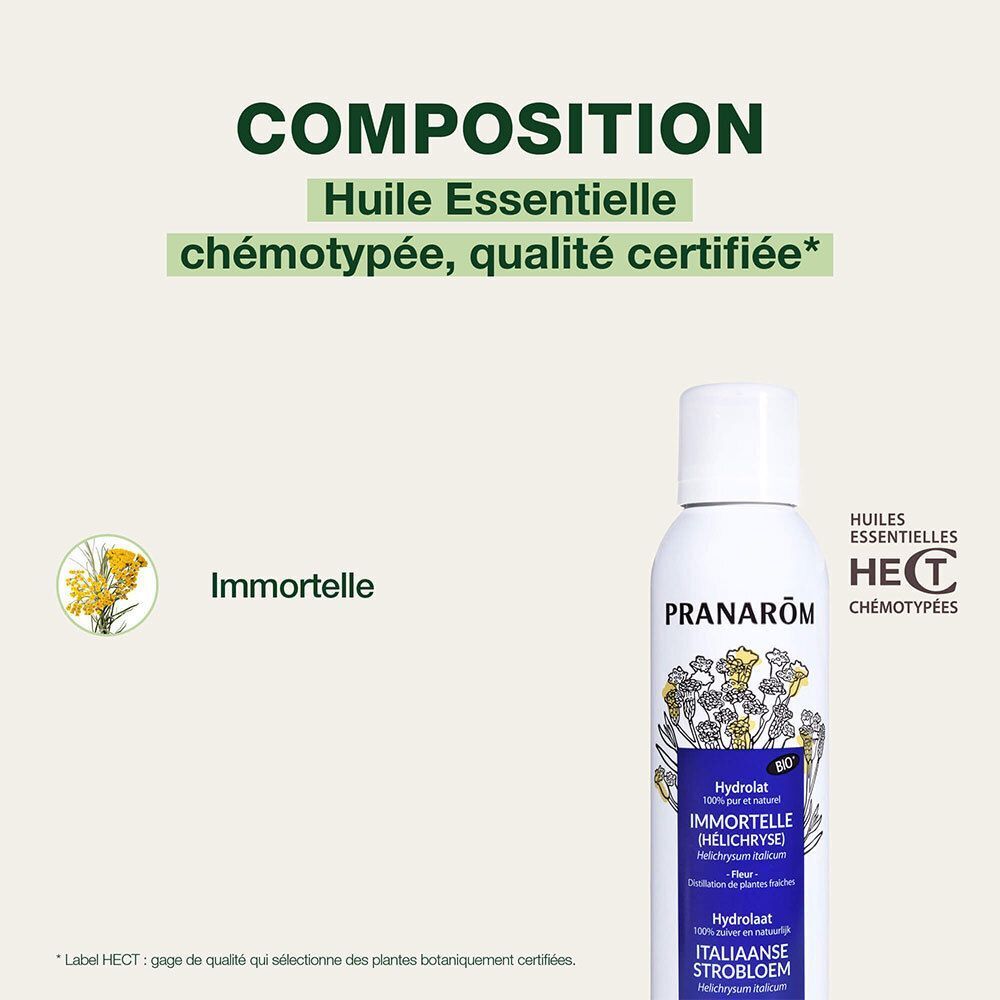Hydrolat Bio Pranarôm Immortelle : Huiles essentielles HECT certifiées, Immortelle (Helichrysum italicum).