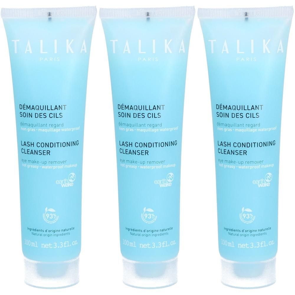 Drie lichtblauwe tubes Talika Lash Conditioning Cleanser, 100ml.